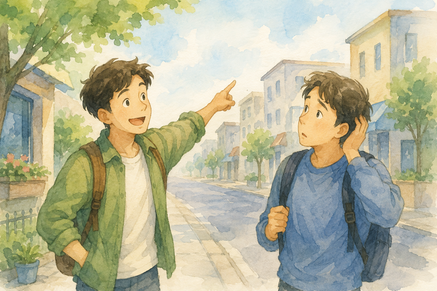 自信満々に道を指差して案内する人と，首をかしげて聞く人のイラスト