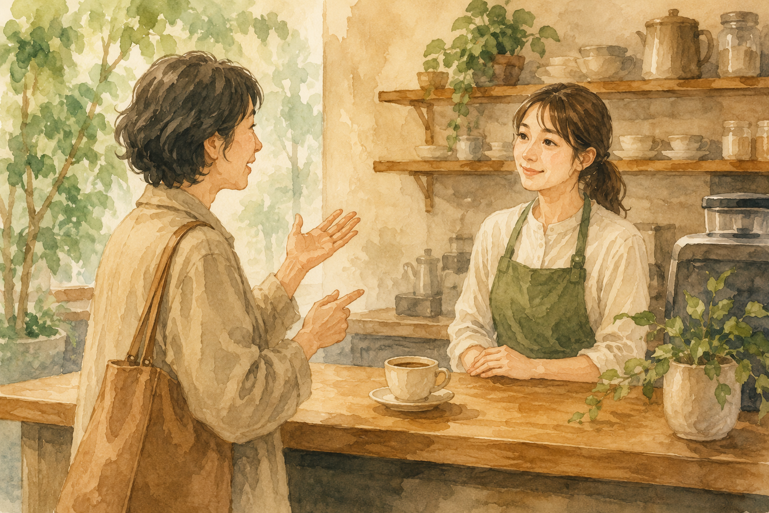 カフェのカウンターで店員に身振りを交えて注文を伝えるお客さんのイラスト