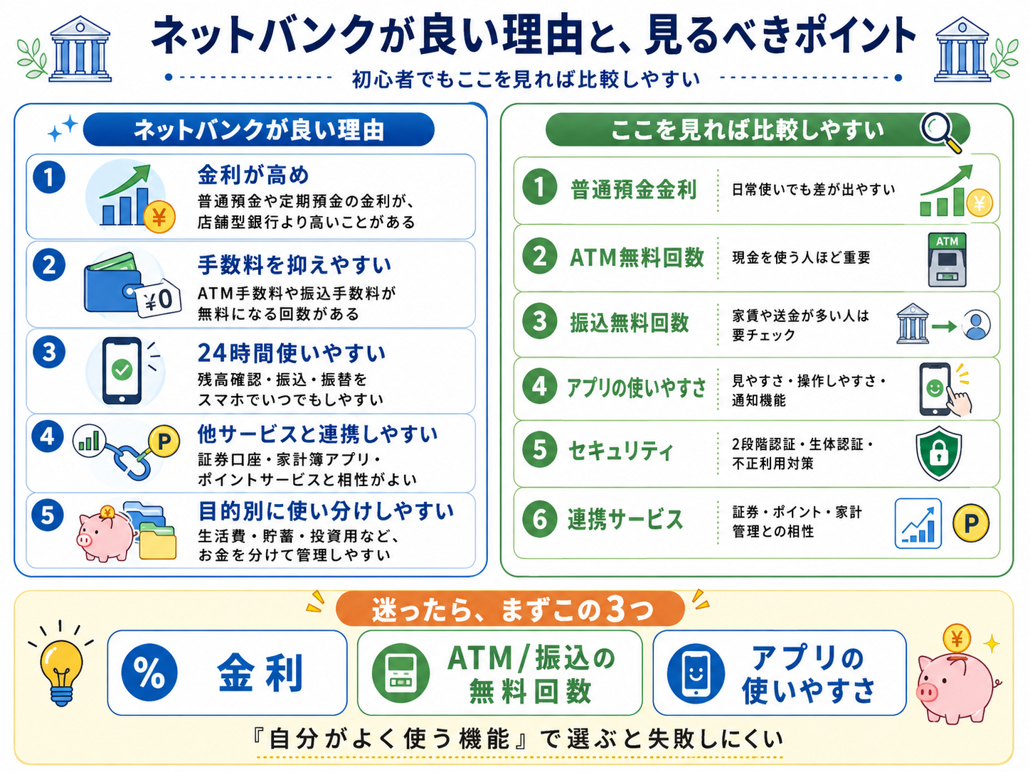 ネット銀行が良い理由5つ(金利が高め,手数料を抑えやすい,24時間使いやすい,他サービスと連携しやすい,目的別に使い分けしやすい)と,比較すべき6つのポイント(普通預金金利,ATM無料回数,振込無料回数,アプリの使いやすさ,セキュリティ,連携サービス)を示す図