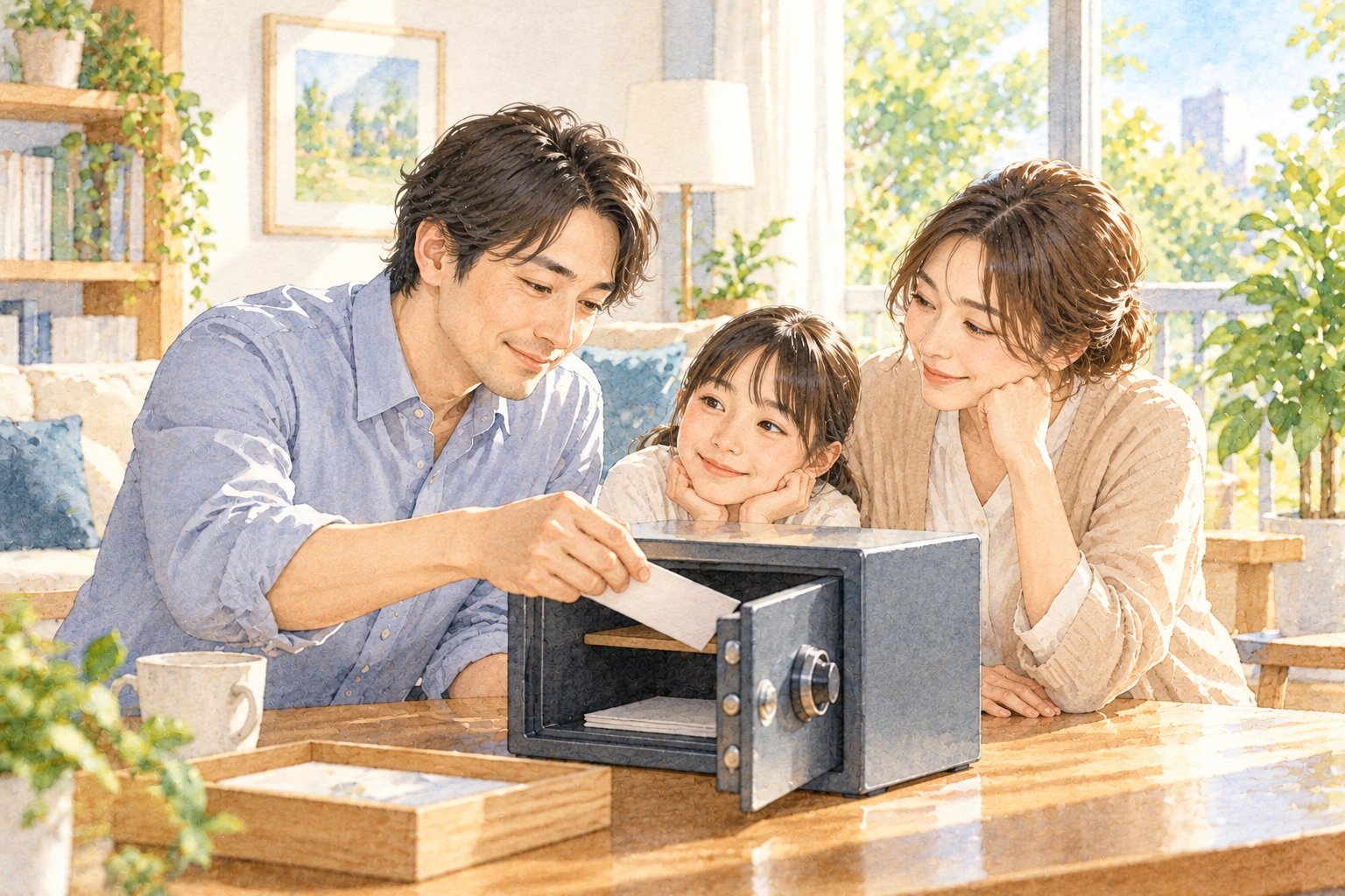 夫婦と子どもが，家庭用の金庫に大切な紙をしまう水彩イラスト