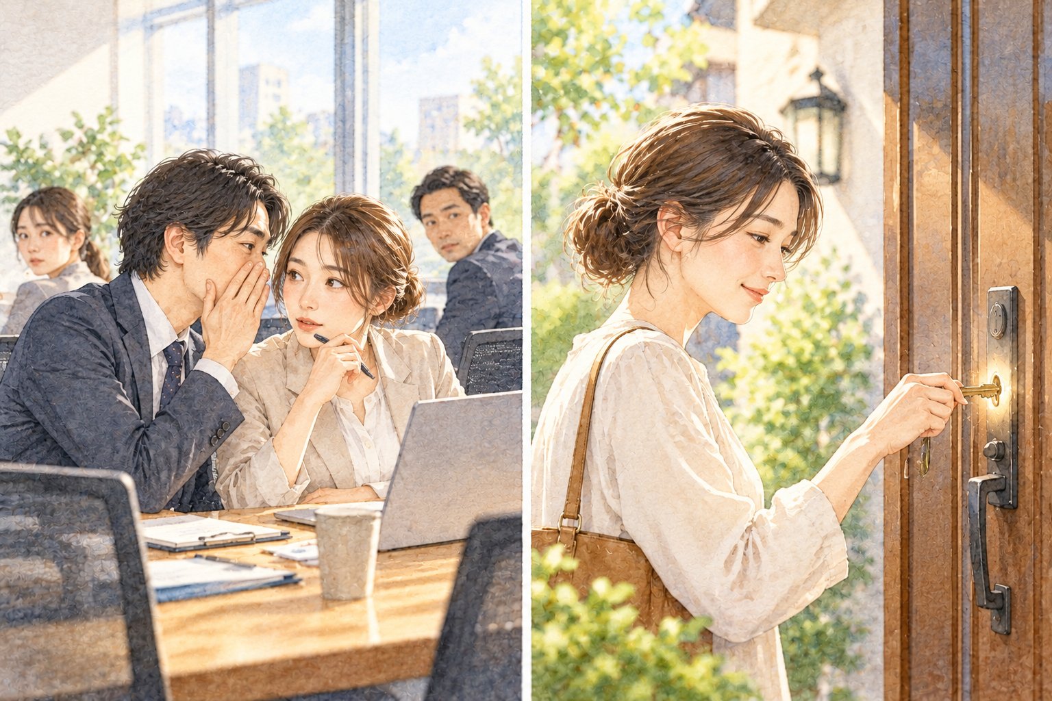 合言葉を小声で伝える場面と，本物の鍵で家のドアを開ける場面を並べた水彩イラスト